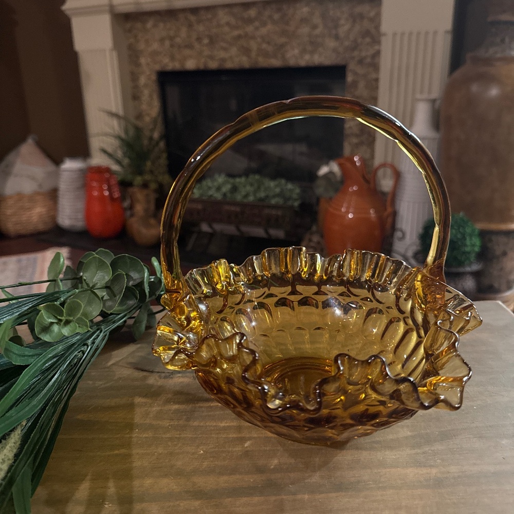 Amber Fenton Glass Basket Thumbprint Ruffled Crimped Edge Handled Basket